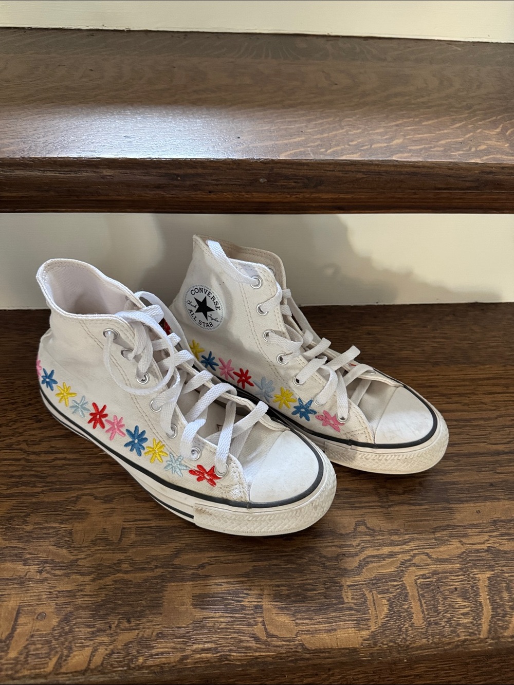 Converse Kids White High-Top Sneakers with Multicolor Flower Embroidery